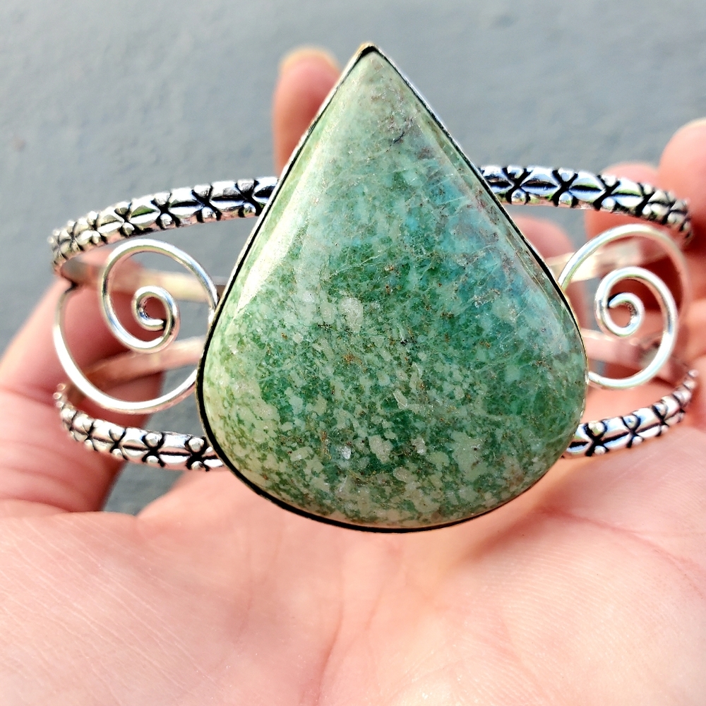 Lovely, Large, Bohemian, Teardrop, Natural Amazonite Stone Silver Cuff Bracelet